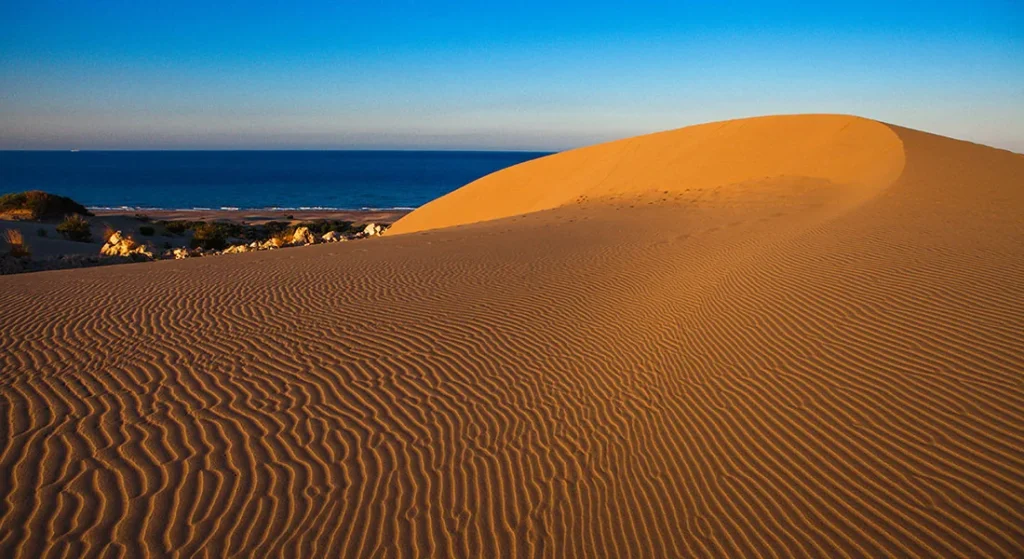 Patara plajında günbatımı sırasında kumlar altın rengi ve turuncu karışımı