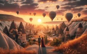 Kapadokya Gezilecek Yerler Rehberi , Gün batımında peri bacalarını ve balonları izleyen bir çift